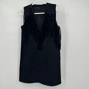 Women Western Fringe Mini Dress Size M Black Denim Lace Up Boho Festival Vintage